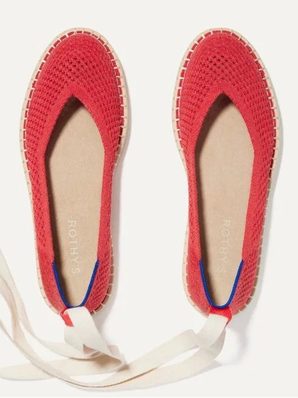 Rothy's Red Crochet Espadrille Flats with Blue Trim and Cream Ties
